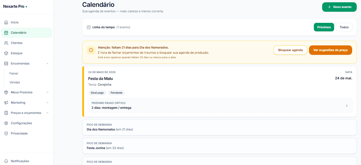 Calendário de eventos na Nexarte Pro com linha do tempo e alertas de demanda.